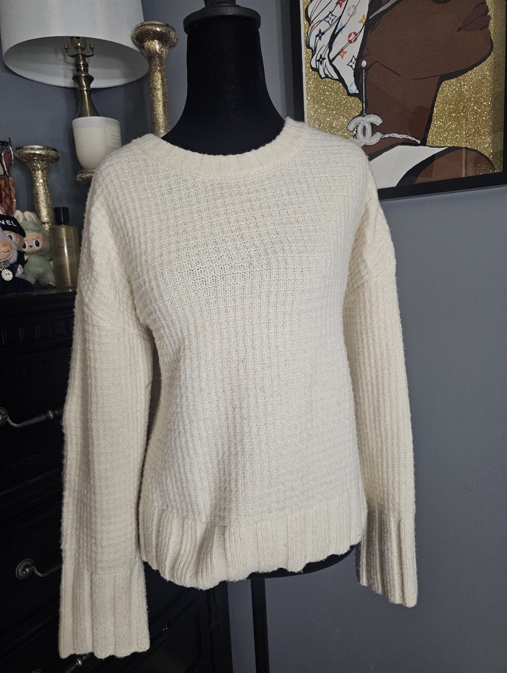 Jessica Simpson Cream Waffle-Knit Crewneck Sweater